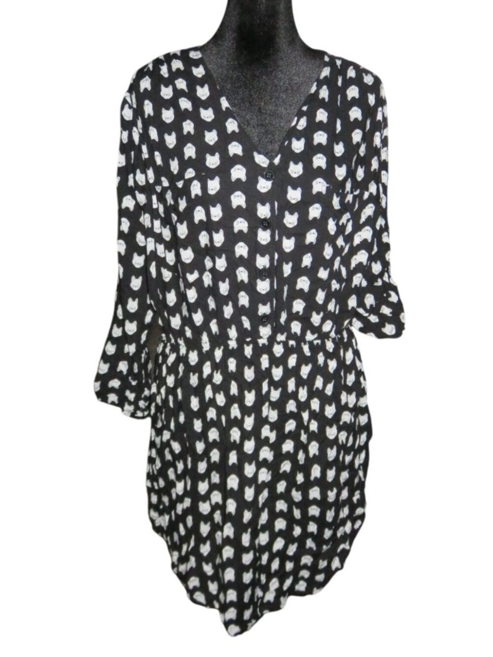 Mimi Chica Loves You Black & White Cat print Belted High Low Tunic Blouse ruched
